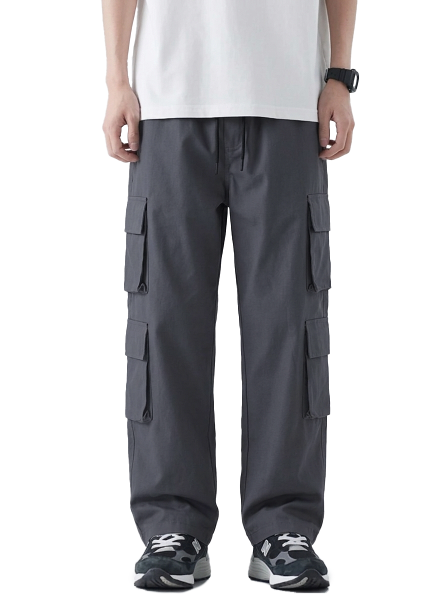 Person wearing Dark gray cargo pants on a white background