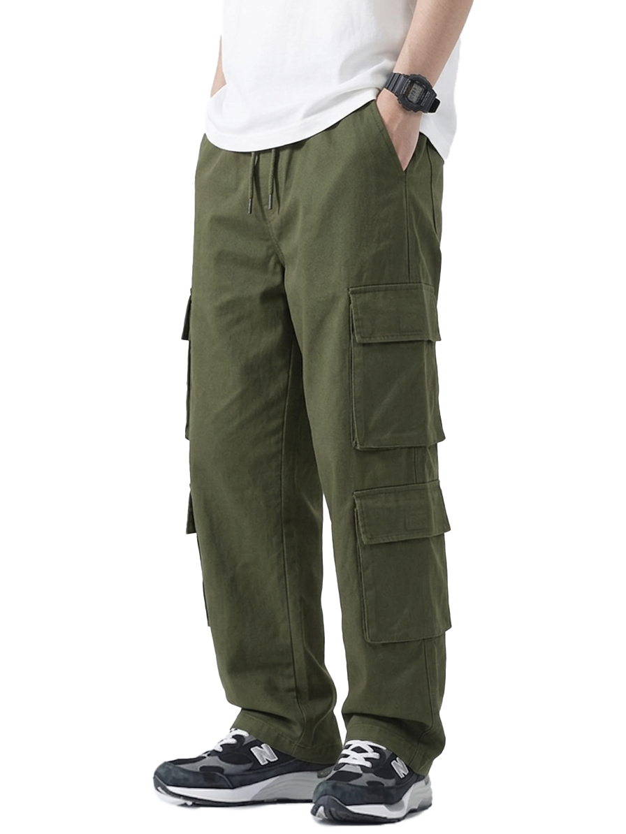 Person wearing olive cargo pants on a white background
